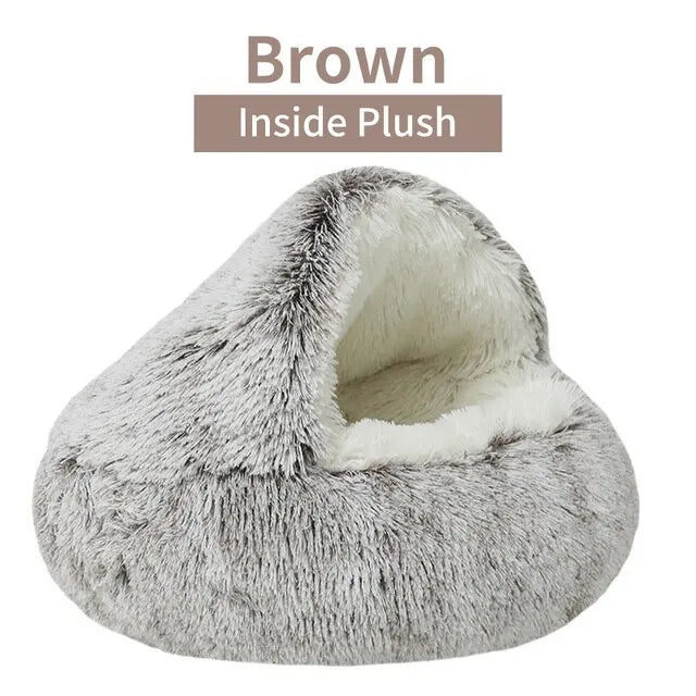 Soft Plush 2-in-1 Pet Cave Bed for Cats and Small Dogs - 50x50cm / Brown-Inside Plush
