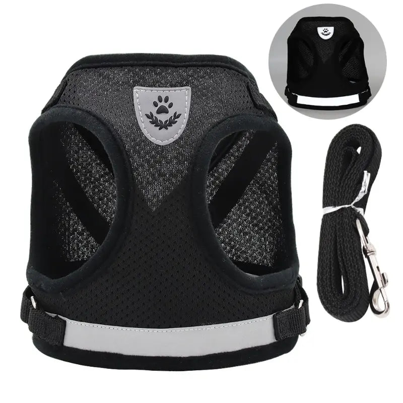 Reflective Mesh Dog Vest Harness with Leash - M / black