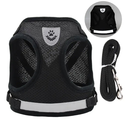 Reflective Mesh Dog Vest Harness with Leash - M / black