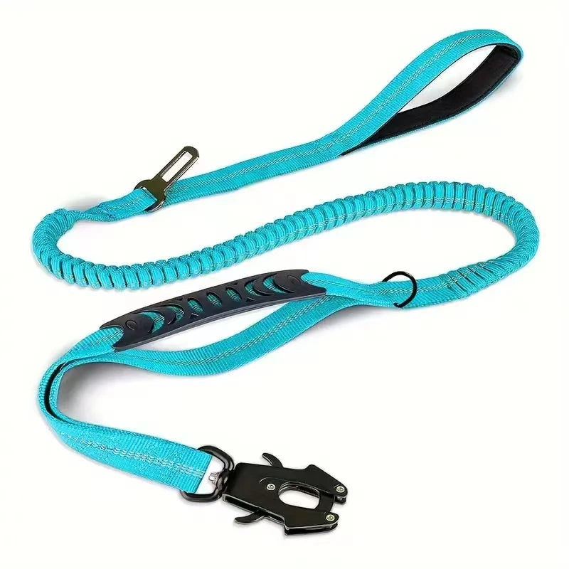 Shock-Absorbing Dog Leash with Car Seatbelt Attachment - Blue