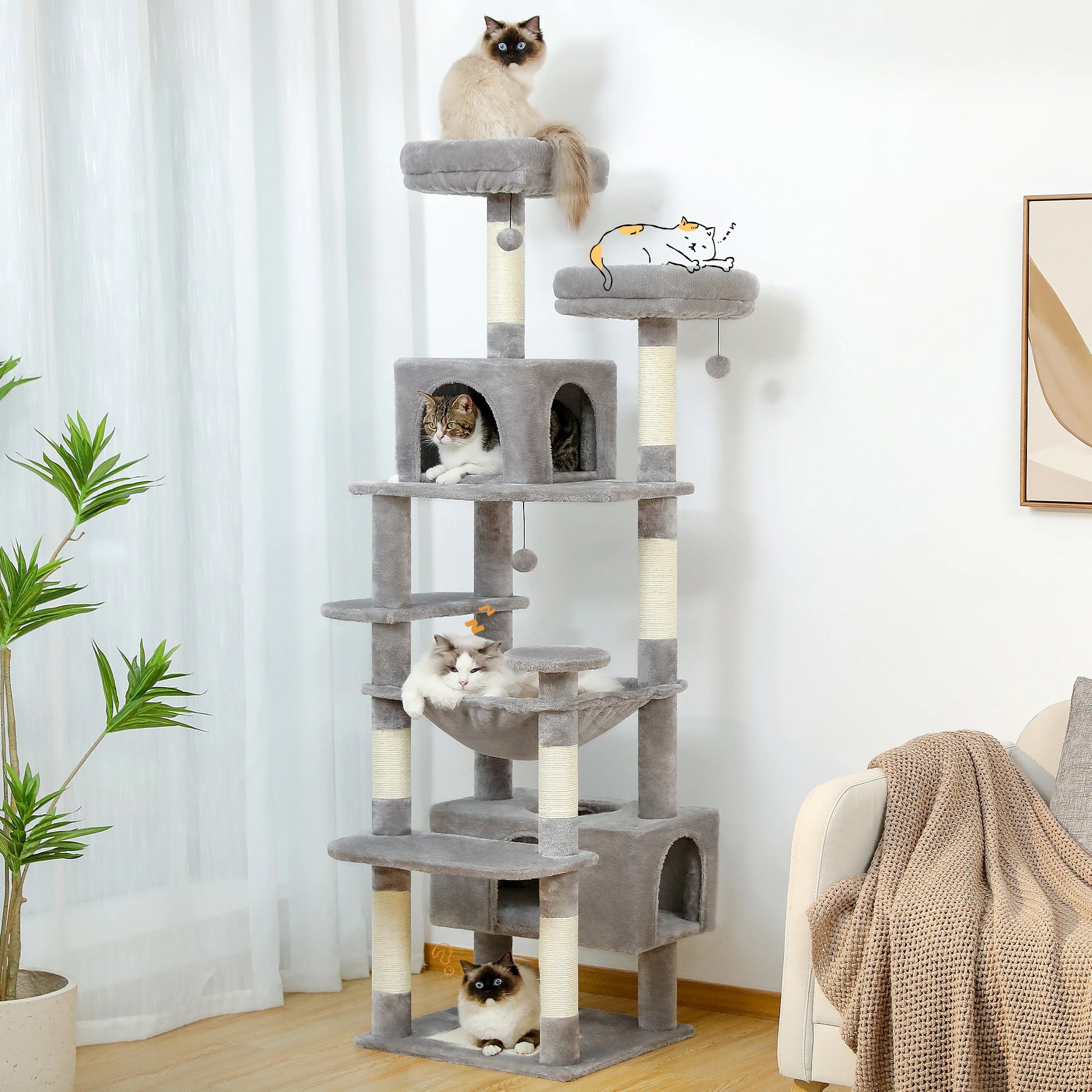 Large Cat Tree Tower with Hammock and Padded Perches