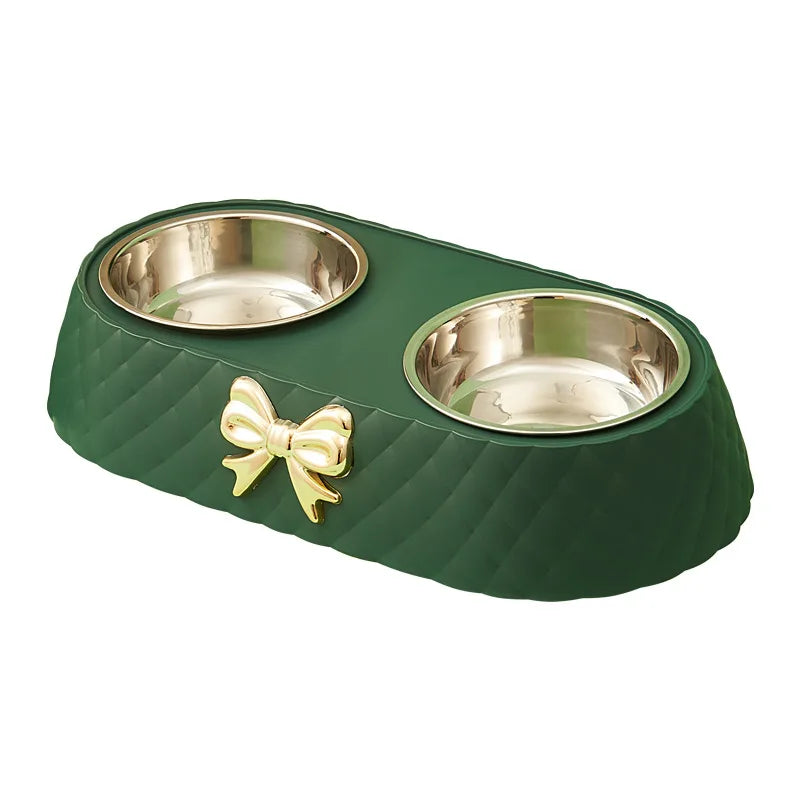 Bow Tie Style Pet Food Bowl Stand with Steel Bowls - green