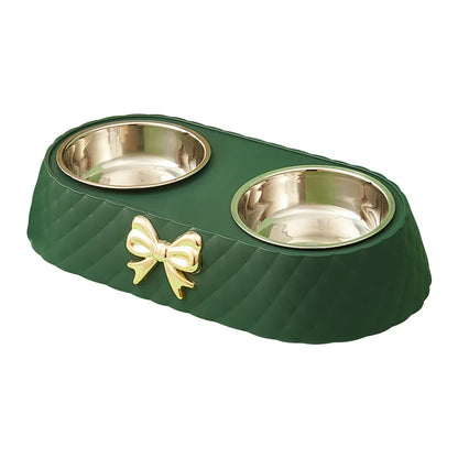 Bow Tie Style Pet Food Bowl Stand with Steel Bowls - green
