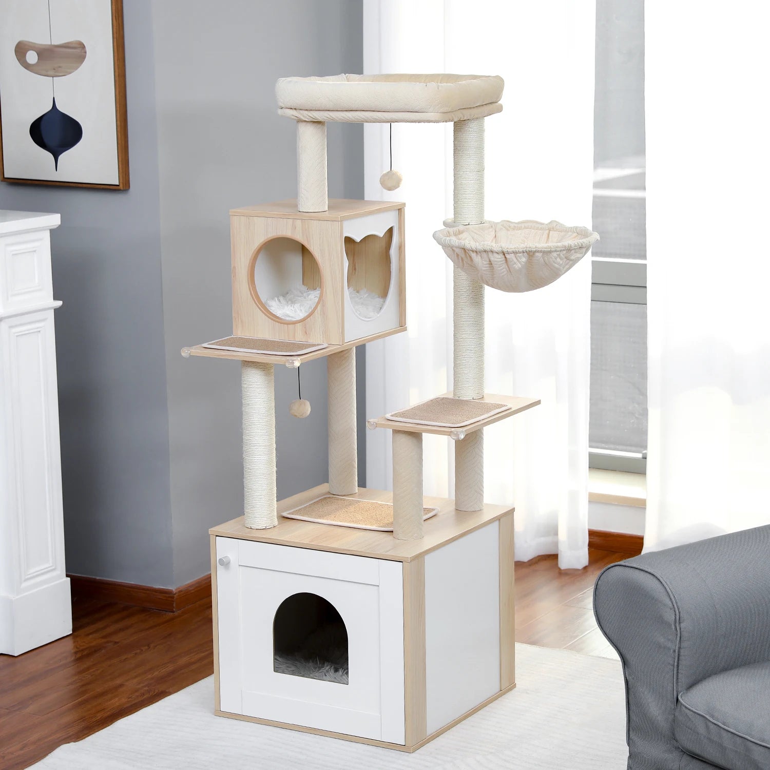 Multi-Level Wood Cat Tree with Hammock and Toys - view 27