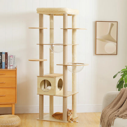 Multi-Level Wood Cat Tree with Hammock and Toys - side view