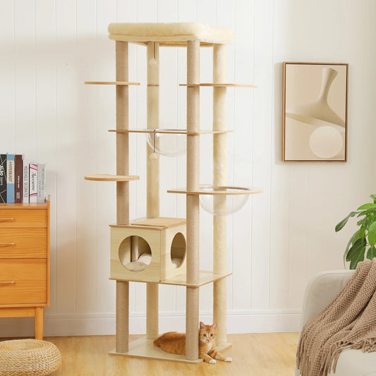 Multi-Level Wood Cat Tree with Hammock and Toys - side view