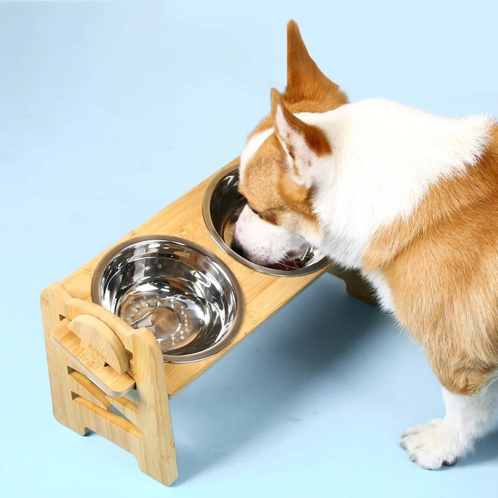 Adjustable Wooden Raised Pet Bowl Stand with Steel Bowls - in use