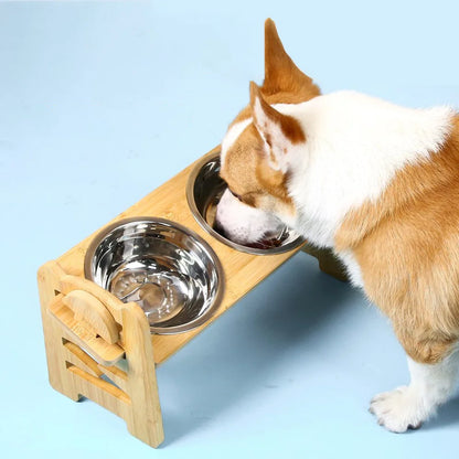 Adjustable Wooden Raised Pet Bowl Stand with Steel Bowls - in use