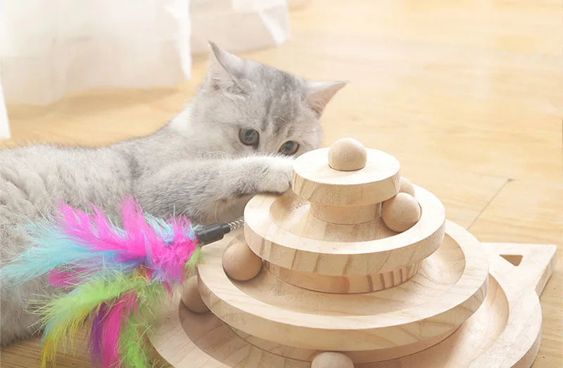 Wooden Cat Toy Tower with Ball Tracks (2 or 3 Levels) - size reference