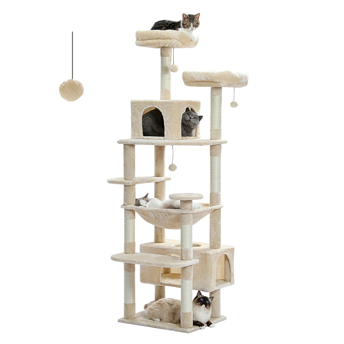 Large Cat Tree Tower with Hammock and Padded Perches - Beige / 184cm