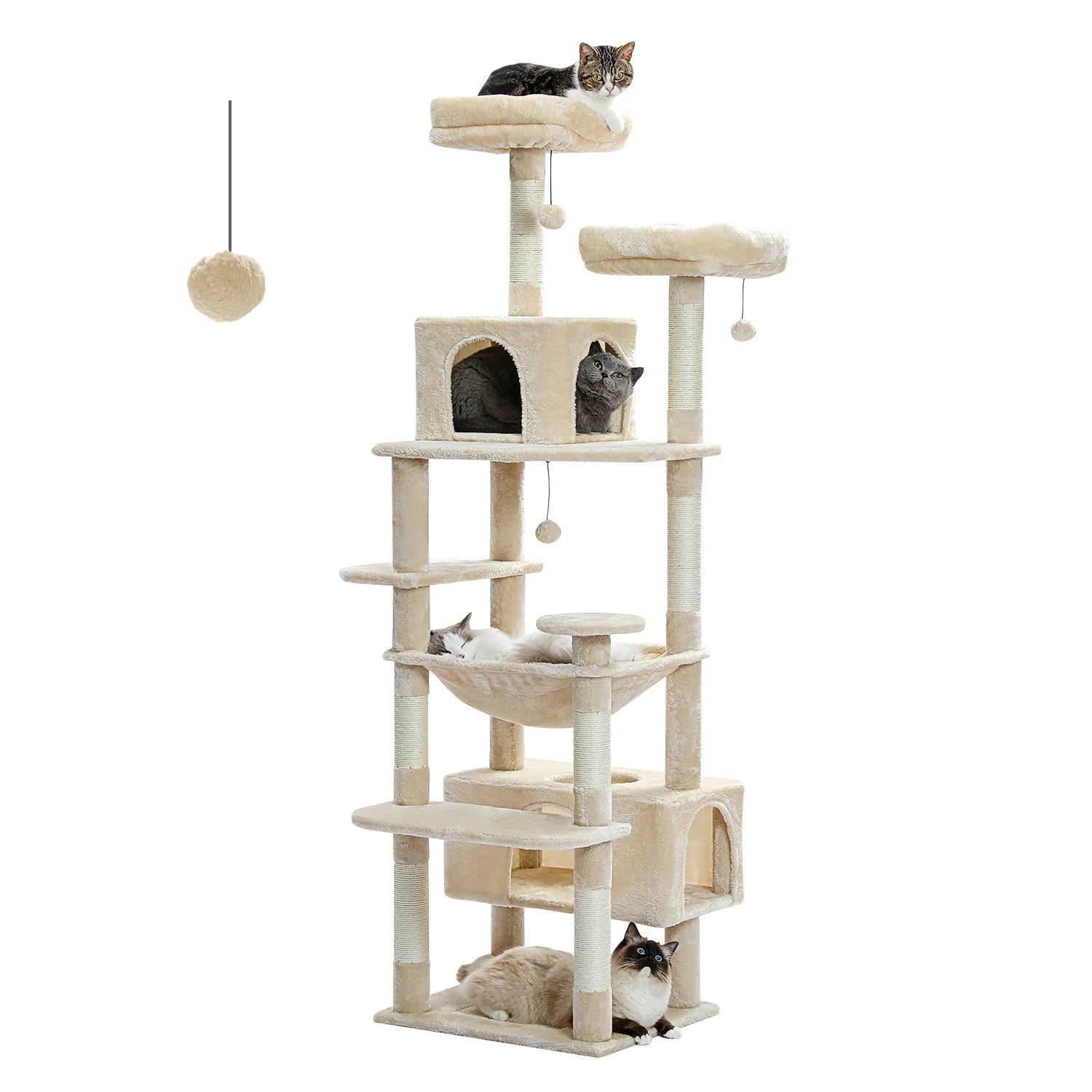 Large Cat Tree Tower with Hammock and Padded Perches - Beige / 184cm