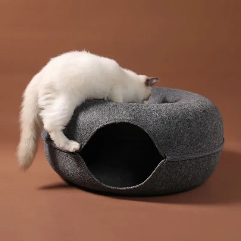 Donut Cat Bed with Built-in Felt Tunnel for Indoor Play - close-up