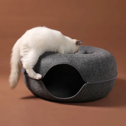 Donut Cat Bed with Built-in Felt Tunnel for Indoor Play - close-up