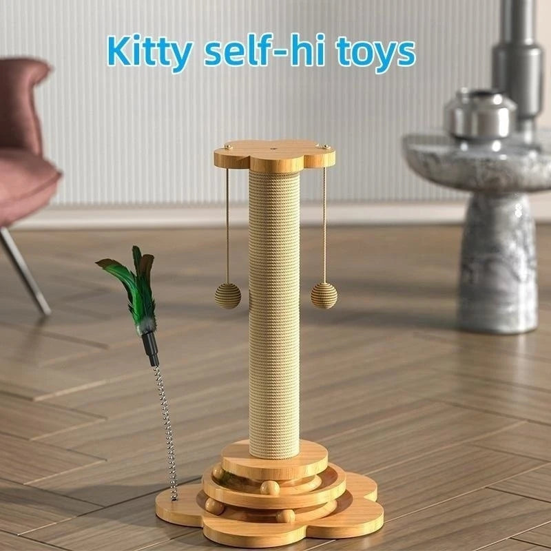 Wooden Cat Scratching Post with Turntable and Sisal Ball Toys - close-up