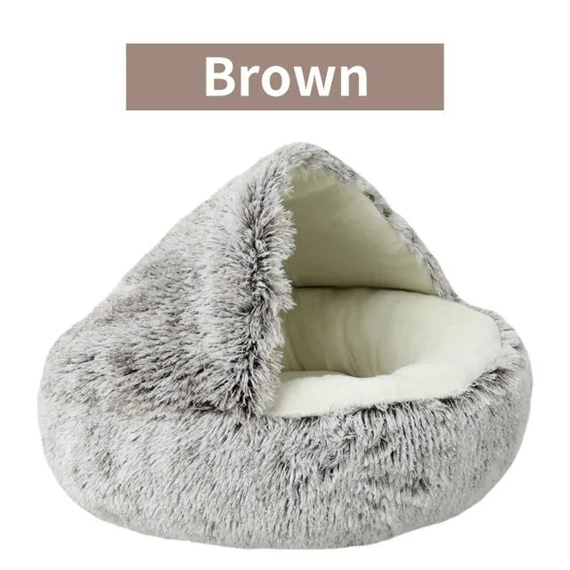 Soft Plush 2-in-1 Pet Cave Bed for Cats and Small Dogs - 50x50cm / Brown