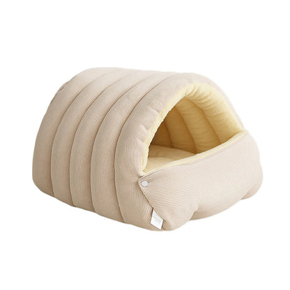 Warm Plush Winter Cat Cave Bed for Cozy Sleep - L / Beige