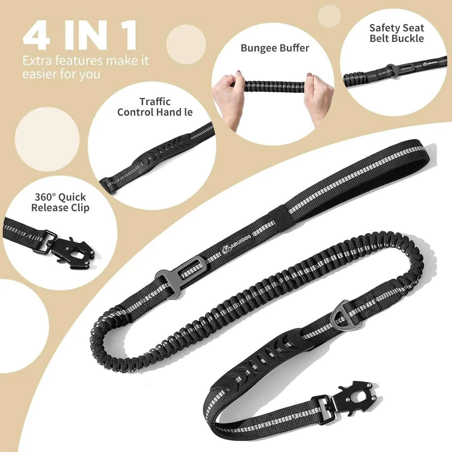 Shock-Absorbing Dog Leash with Car Seatbelt Attachment - feature view