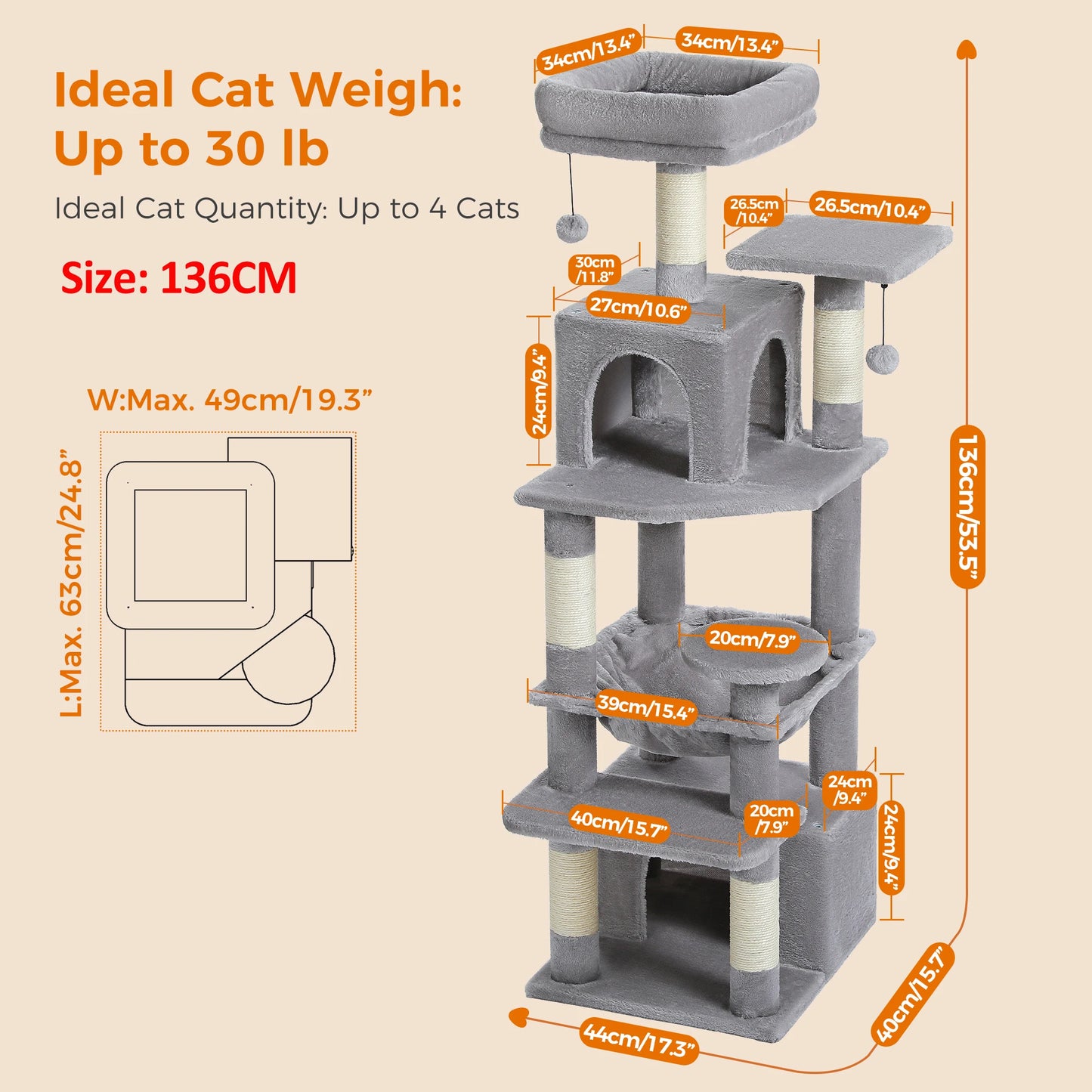 Large Cat Tree Tower with Hammock and Padded Perches - from above