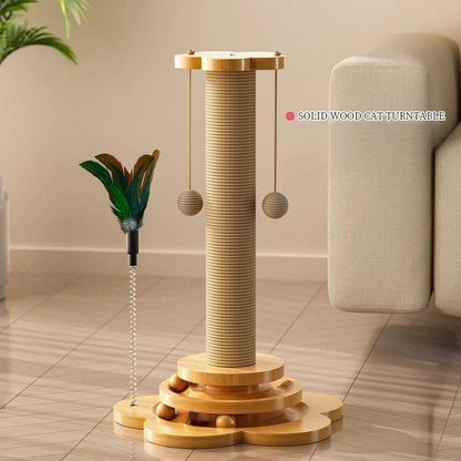 Wooden Cat Scratching Post with Turntable and Sisal Ball Toys