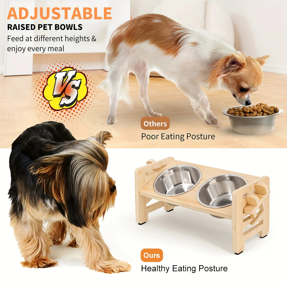 Adjustable Wooden Raised Pet Bowl Stand with Steel Bowls - close-up