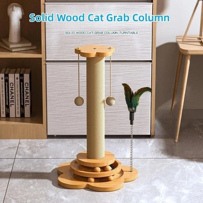 Wooden Cat Scratching Post with Turntable and Sisal Ball Toys - in use