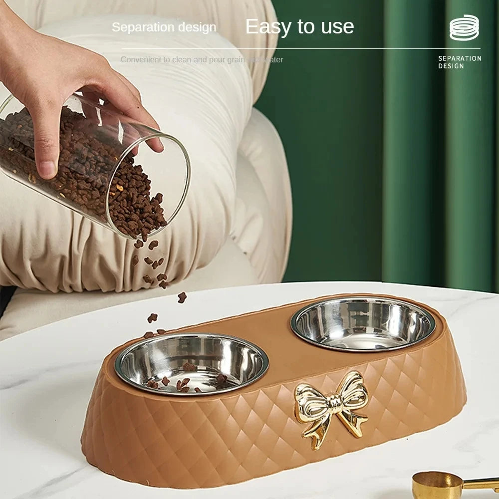 Bow Tie Style Pet Food Bowl Stand with Steel Bowls - in use
