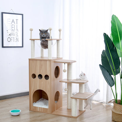 Multi-Level Wood Cat Tree with Hammock and Toys - lifestyle