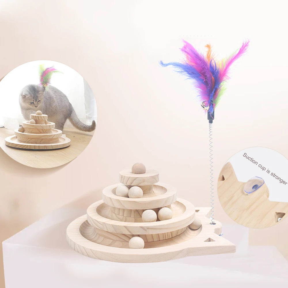 Wooden Cat Toy Tower with Ball Tracks (2 or 3 Levels) - in use