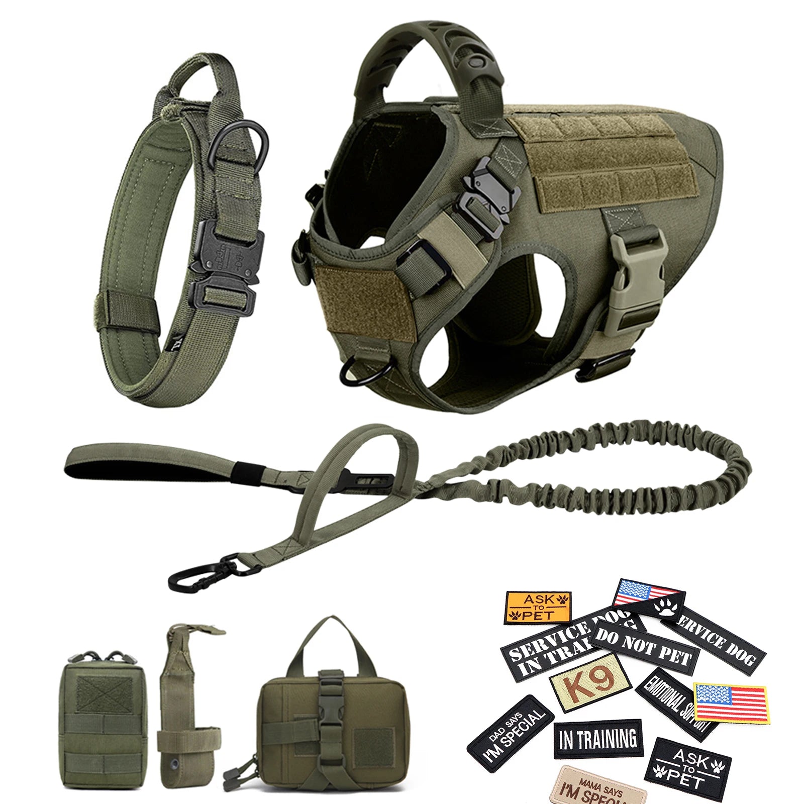 Tactical Military Dog Harness Set with Patches - L / Green 18 Pieces