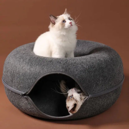 Donut Cat Bed with Built-in Felt Tunnel for Indoor Play - in use