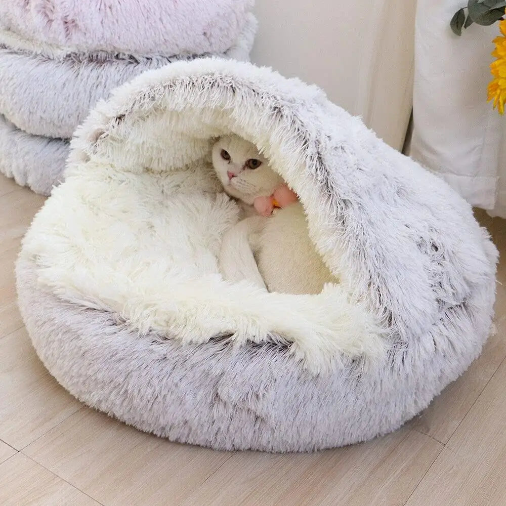Soft Plush 2-in-1 Pet Cave Bed for Cats and Small Dogs
