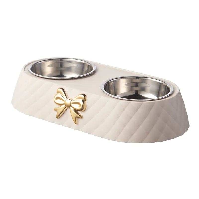 Bow Tie Style Pet Food Bowl Stand with Steel Bowls - white