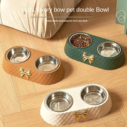 Bow Tie Style Pet Food Bowl Stand with Steel Bowls