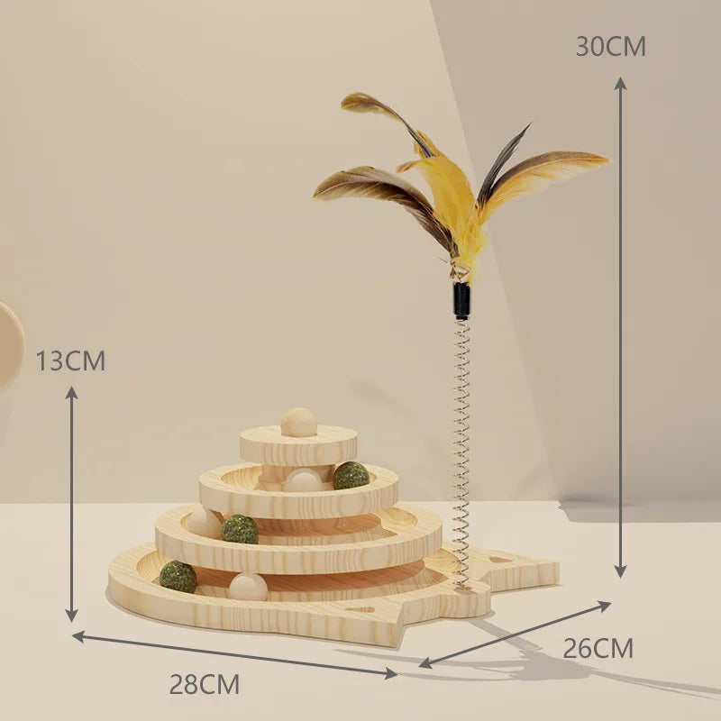 Wooden Cat Toy Tower with Ball Tracks (2 or 3 Levels) - Three tier turntable