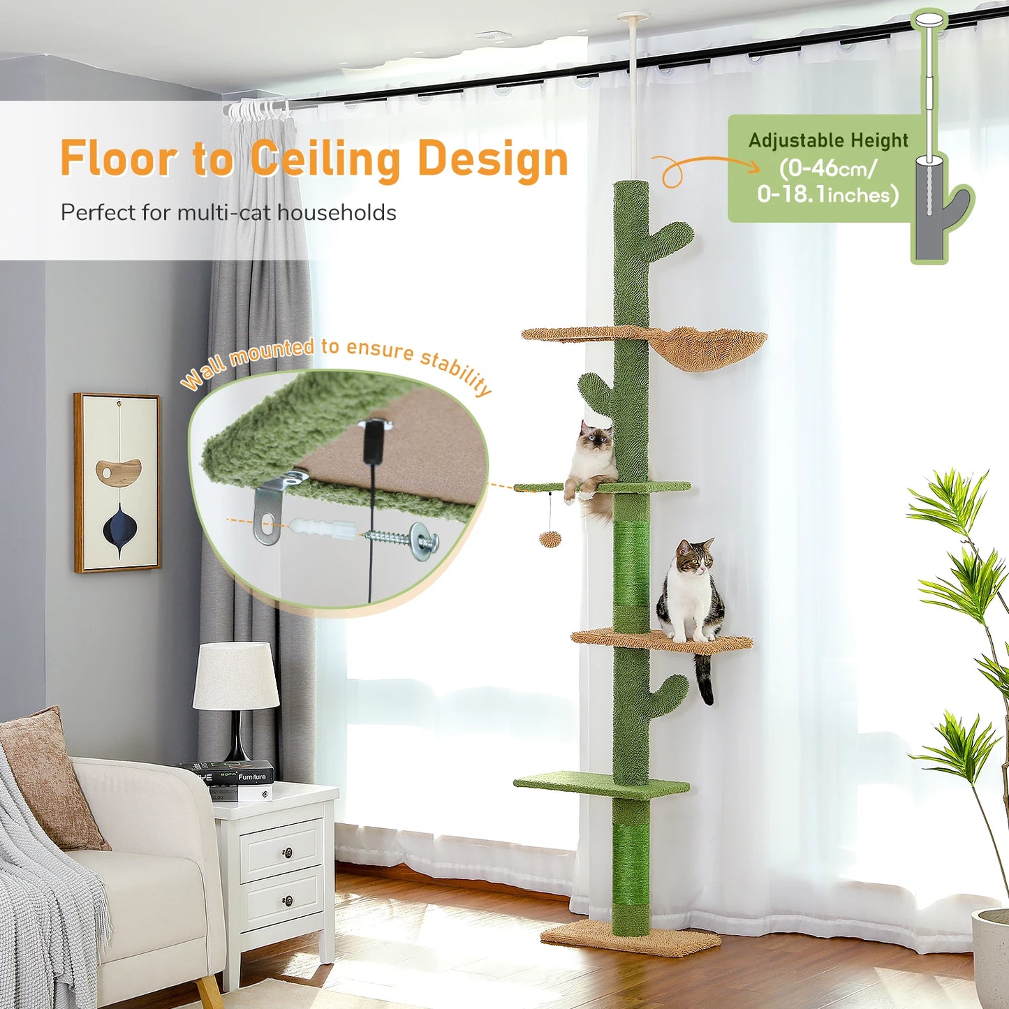 5-Tier Cactus Floor-to-Ceiling Cat Tree with Hammock - size reference