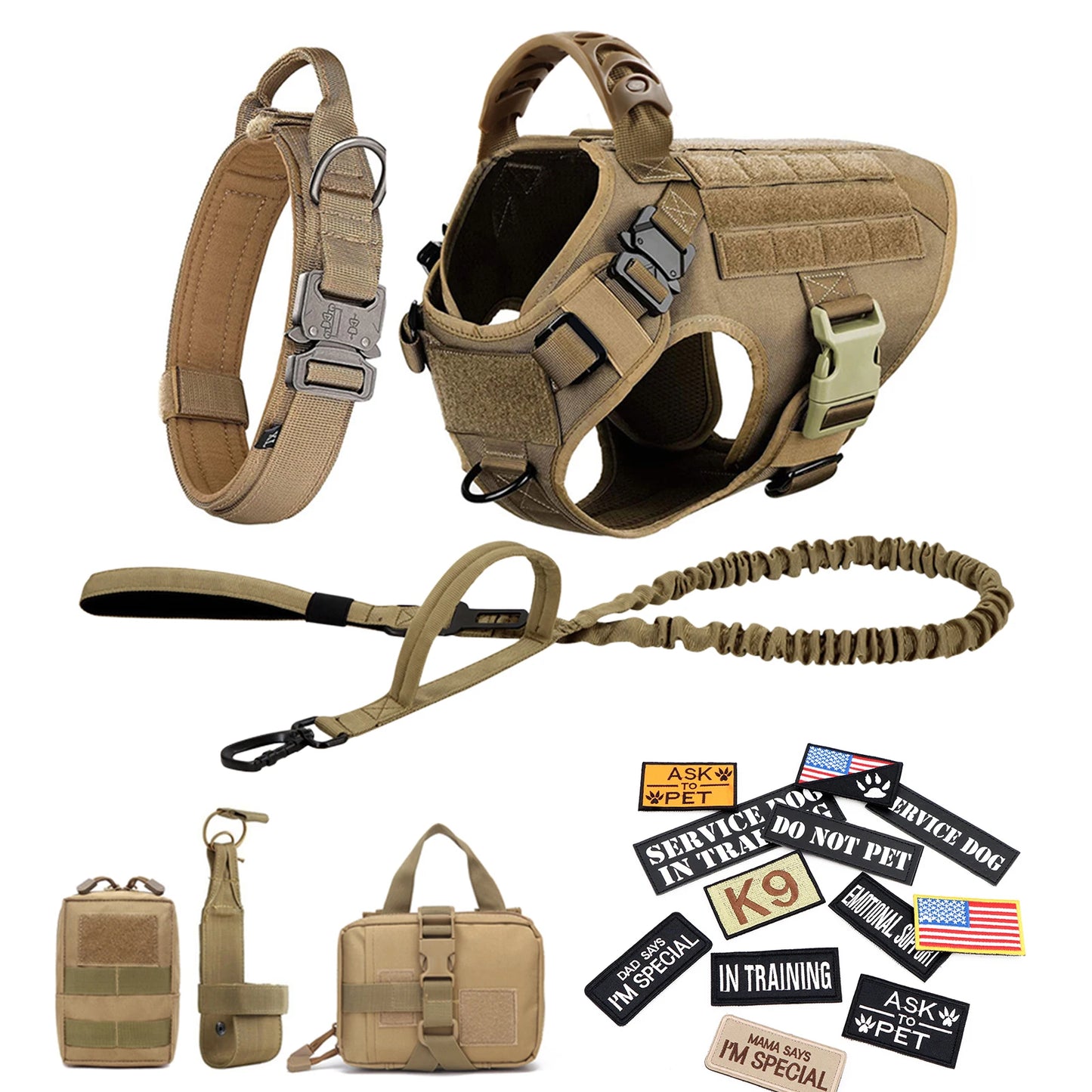 Tactical Military Dog Harness Set with Patches - XL / Brown 18 Pieces
