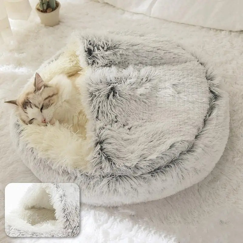 Soft Plush 2-in-1 Pet Cave Bed for Cats and Small Dogs - in use