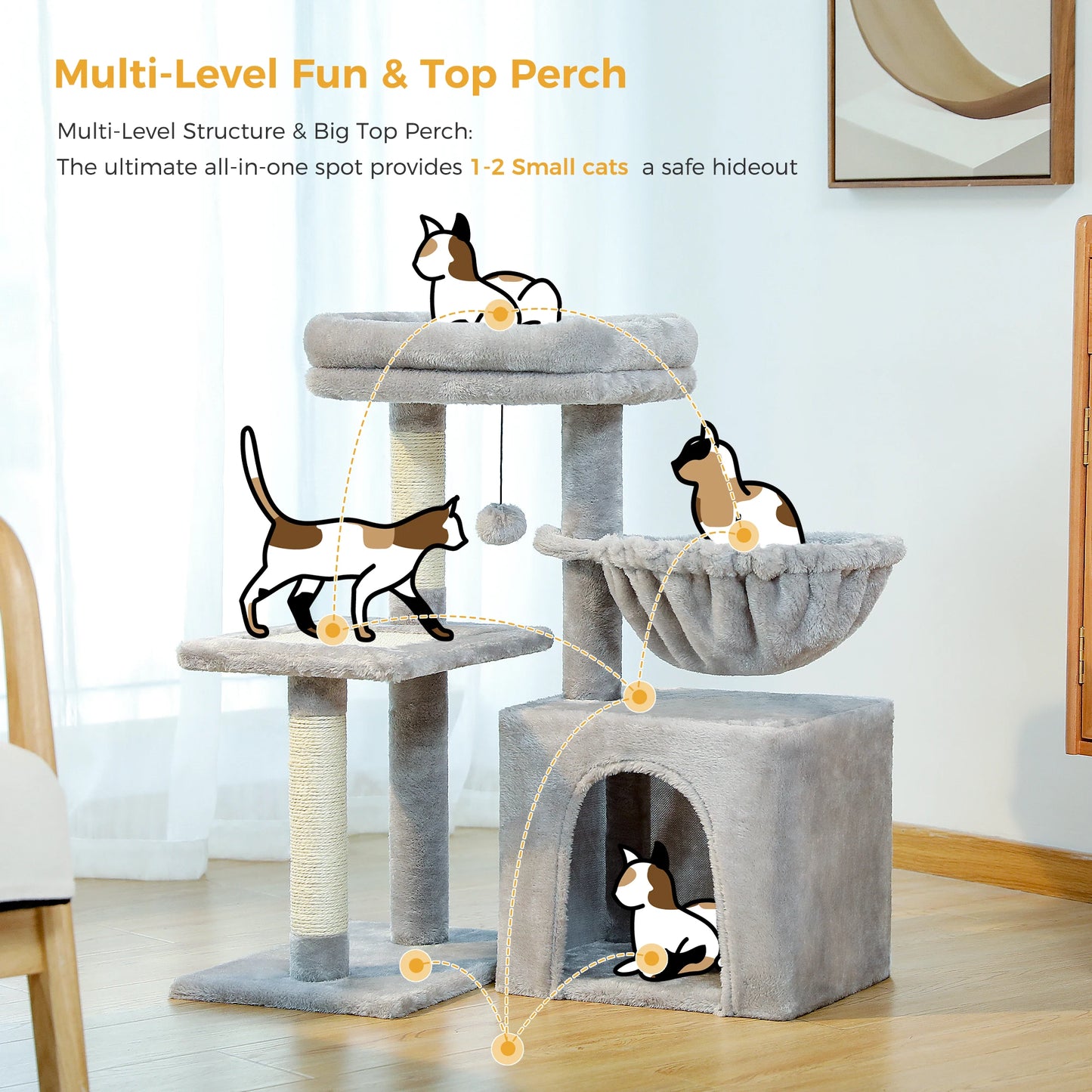 Cat Activity Tree with Hammock and Removable Perch - size reference