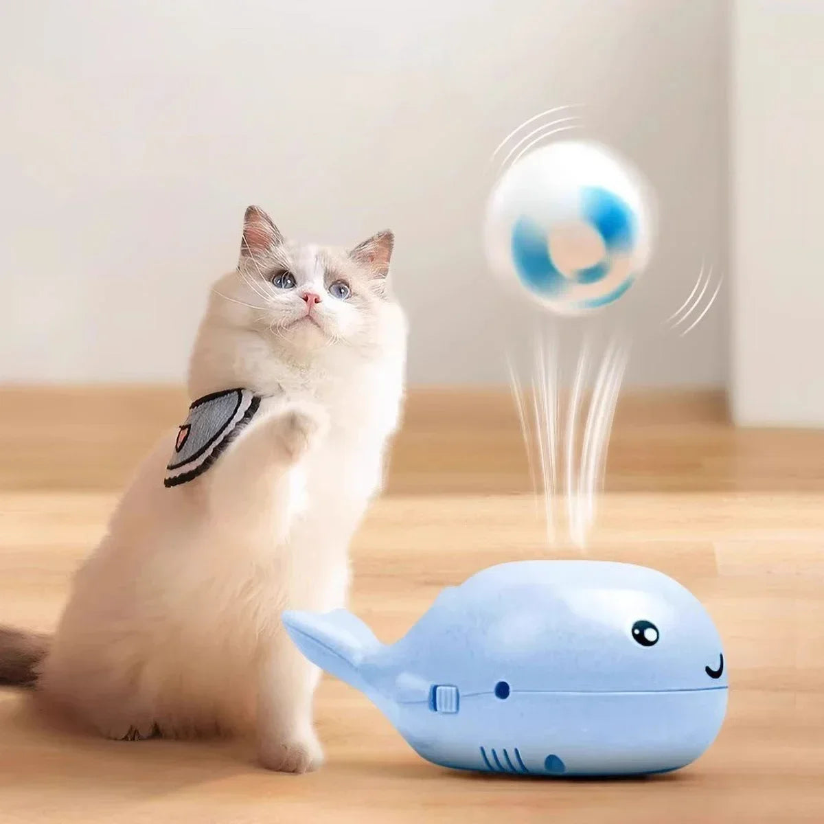Interactive Whale Jet Ball Cat Toy with USB Fan - from above
