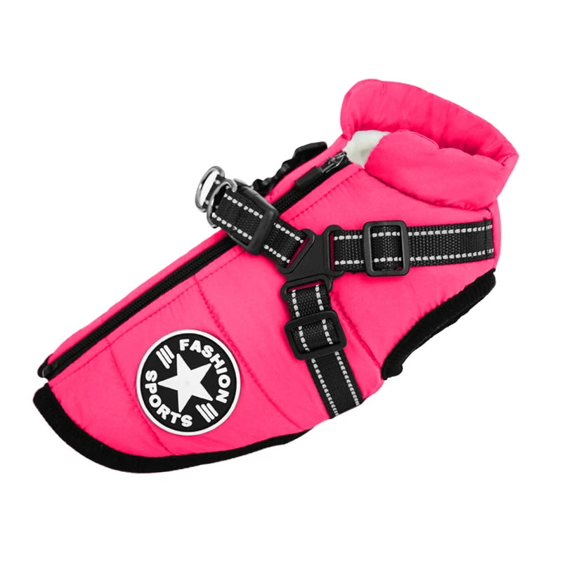 Waterproof Winter Dog Jacket with Built-in Harness - Dark Pink / M