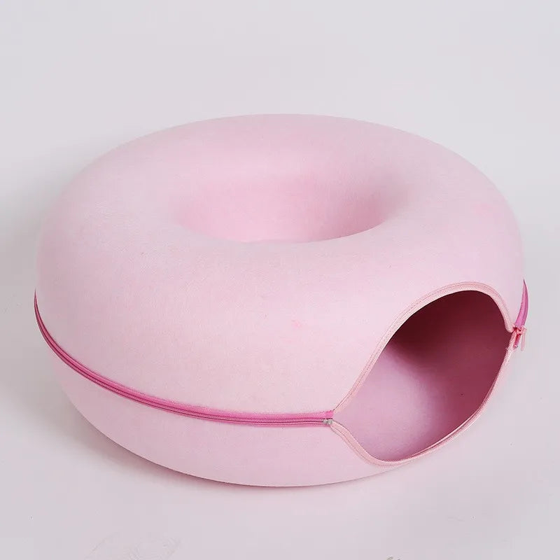 Donut Cat Bed with Built-in Felt Tunnel for Indoor Play - pink / 60X27cm
