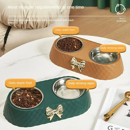 Bow Tie Style Pet Food Bowl Stand with Steel Bowls - close-up