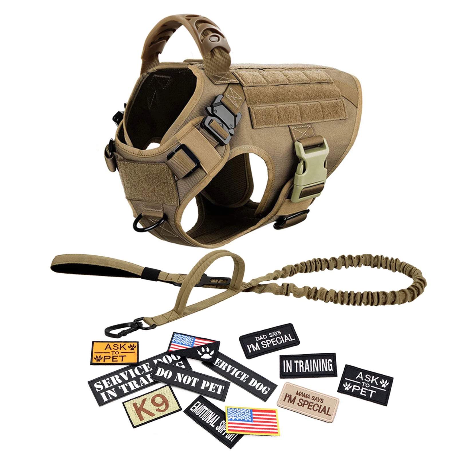 Tactical Military Dog Harness Set with Patches - XL / Brown 14 Pieces