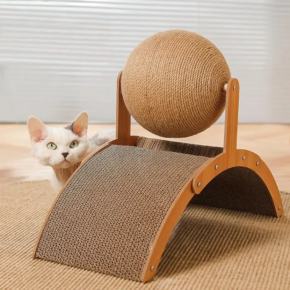 2-in-1 Wooden Cat Scratching Ball and Sisal Board - from above