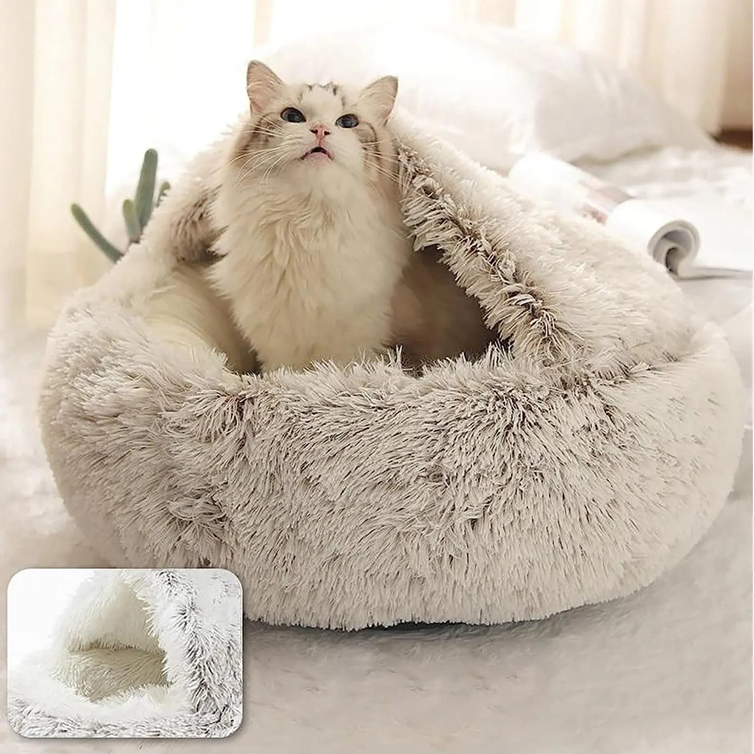 Soft Plush 2-in-1 Pet Cave Bed for Cats and Small Dogs - detail