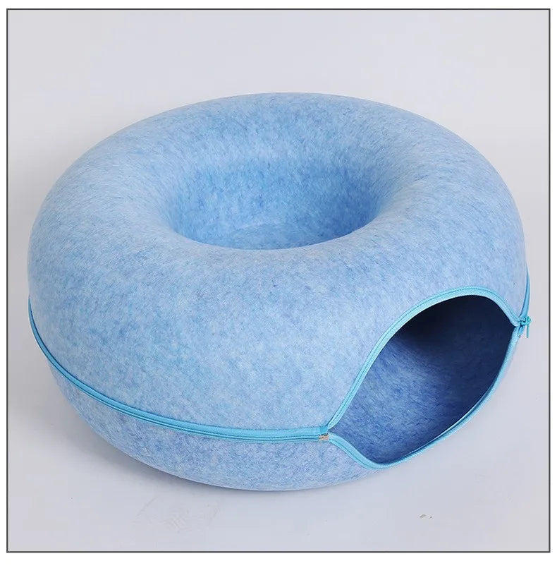 Donut Cat Bed with Built-in Felt Tunnel for Indoor Play - blue / 60X27cm