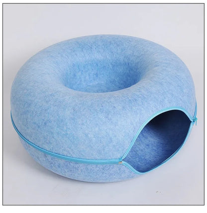 Donut Cat Bed with Built-in Felt Tunnel for Indoor Play - blue / 60X27cm