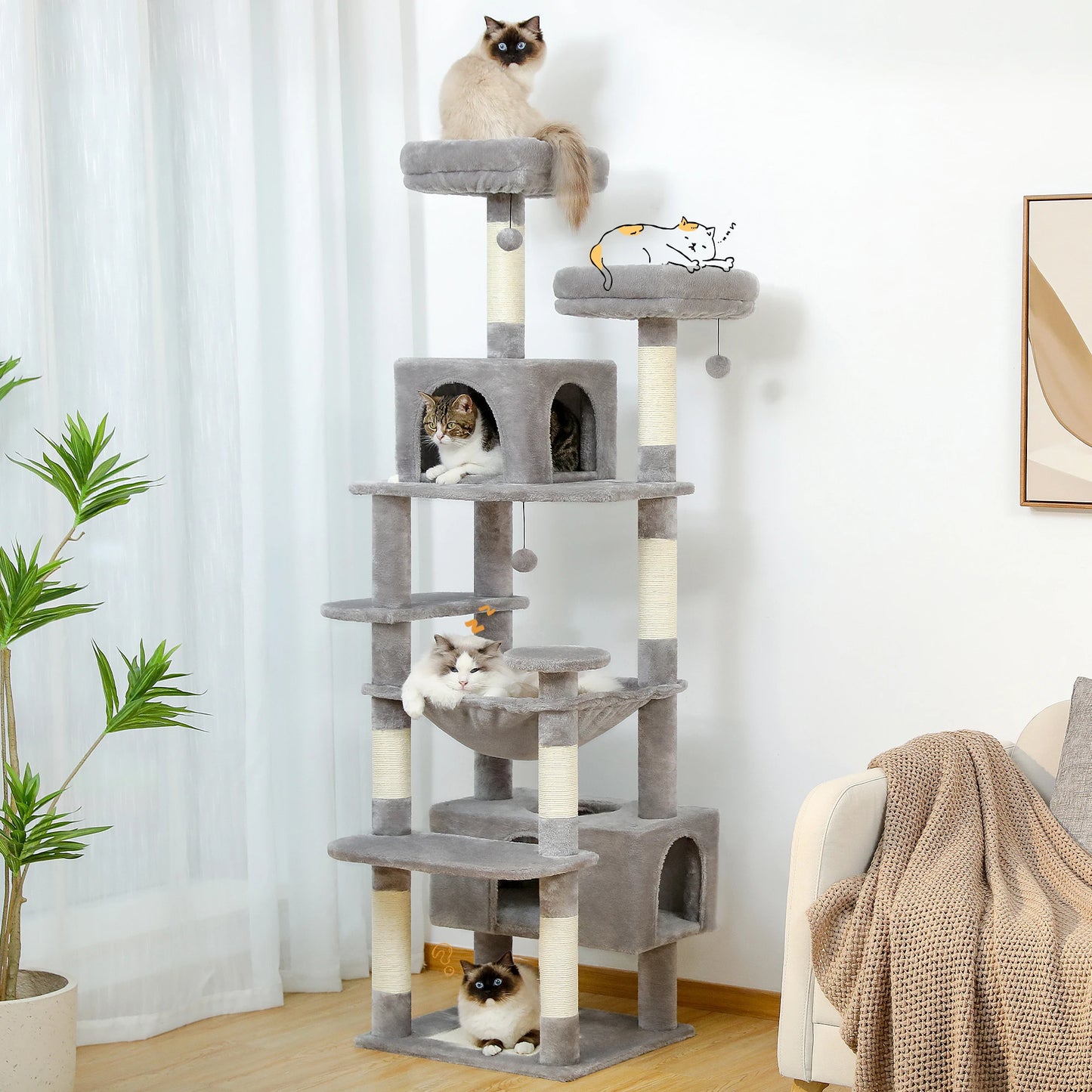Large Cat Tree Tower with Hammock and Padded Perches - size reference