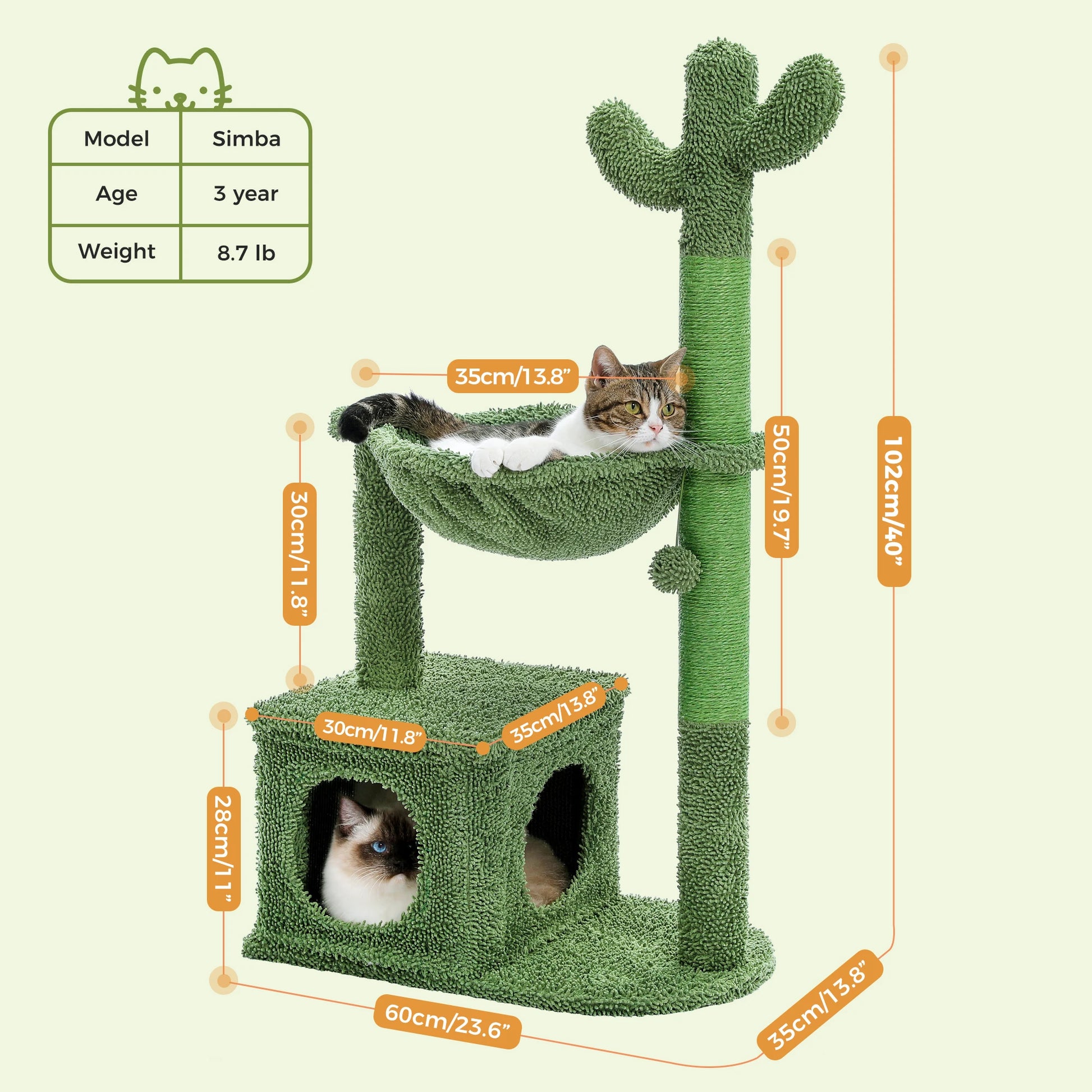 Cactus Cat Tree with Condo, Hammock and Toys - in use
