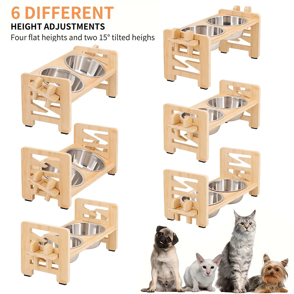 Adjustable Wooden Raised Pet Bowl Stand with Steel Bowls - side view
